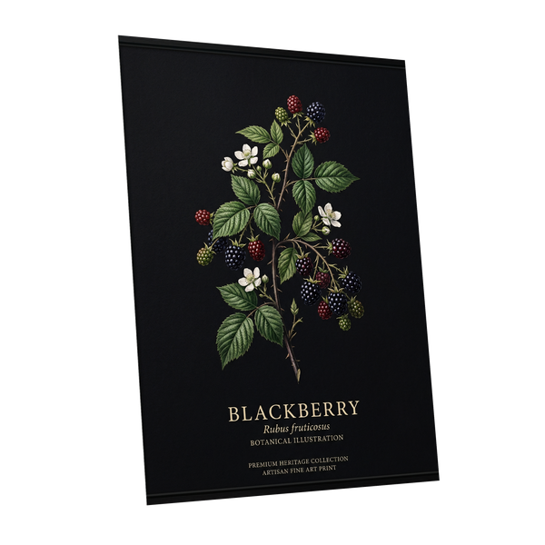 Blackberry Nocturne, black, green, red nature wall art shown as a unframed poster wall art print
