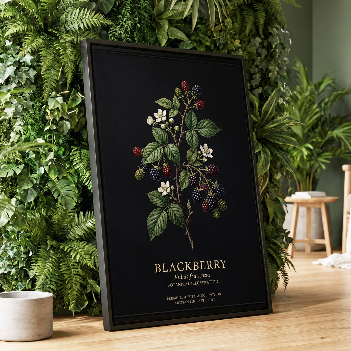 Blackberry Nocturne, black, green, red nature wall art displayed in a styled interior, gallery view 1