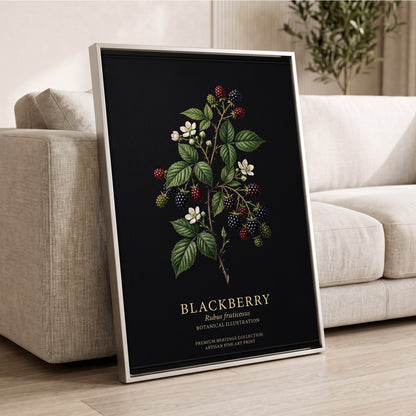 Blackberry Nocturne, black, green, red nature wall art displayed in a styled interior, gallery view 2