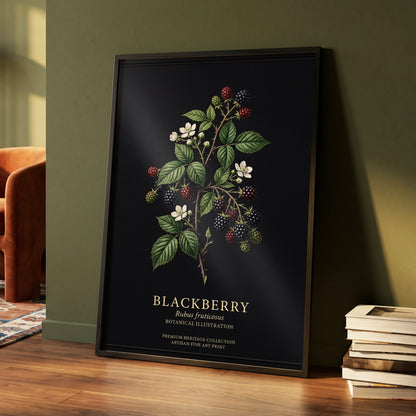 Blackberry Nocturne, black, green, red nature wall art displayed in a styled interior, gallery view 4