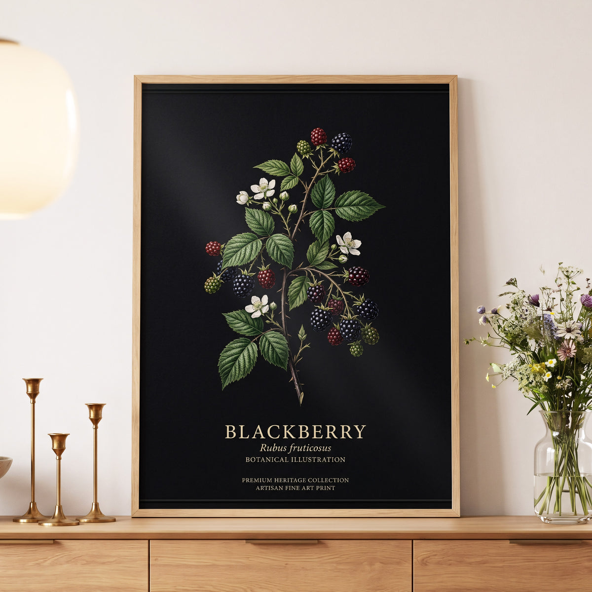 Blackberry Nocturne, black, green, red nature wall art displayed in a styled interior, gallery view 5