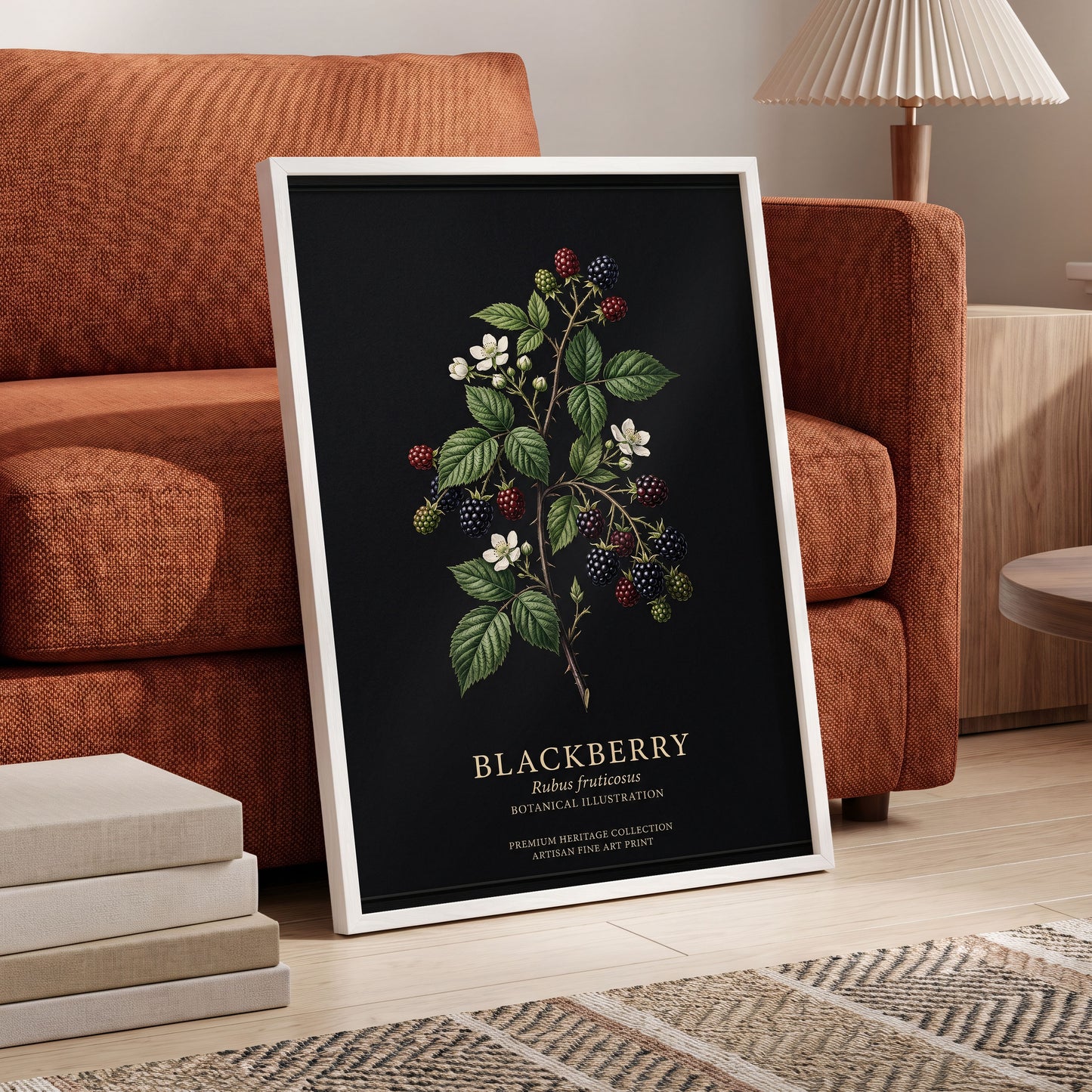 Blackberry Nocturne, black, green, red nature wall art displayed in a styled interior, gallery view 6