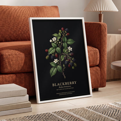 Blackberry Nocturne, black, green, red nature wall art displayed in a styled interior, gallery view 6