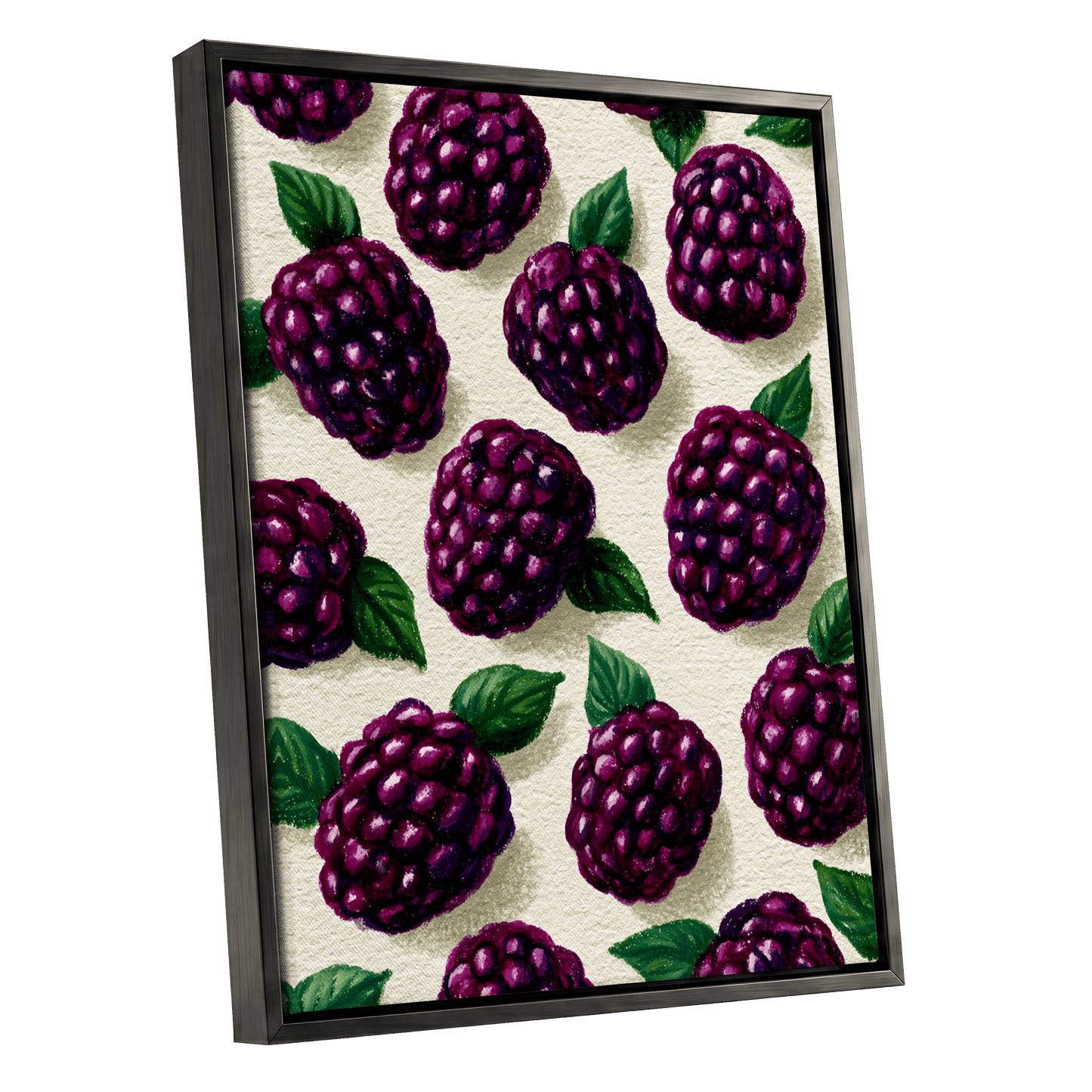 Blackberry Reverie, purple, black, green nature wall art shown as a black framed canvas wall art