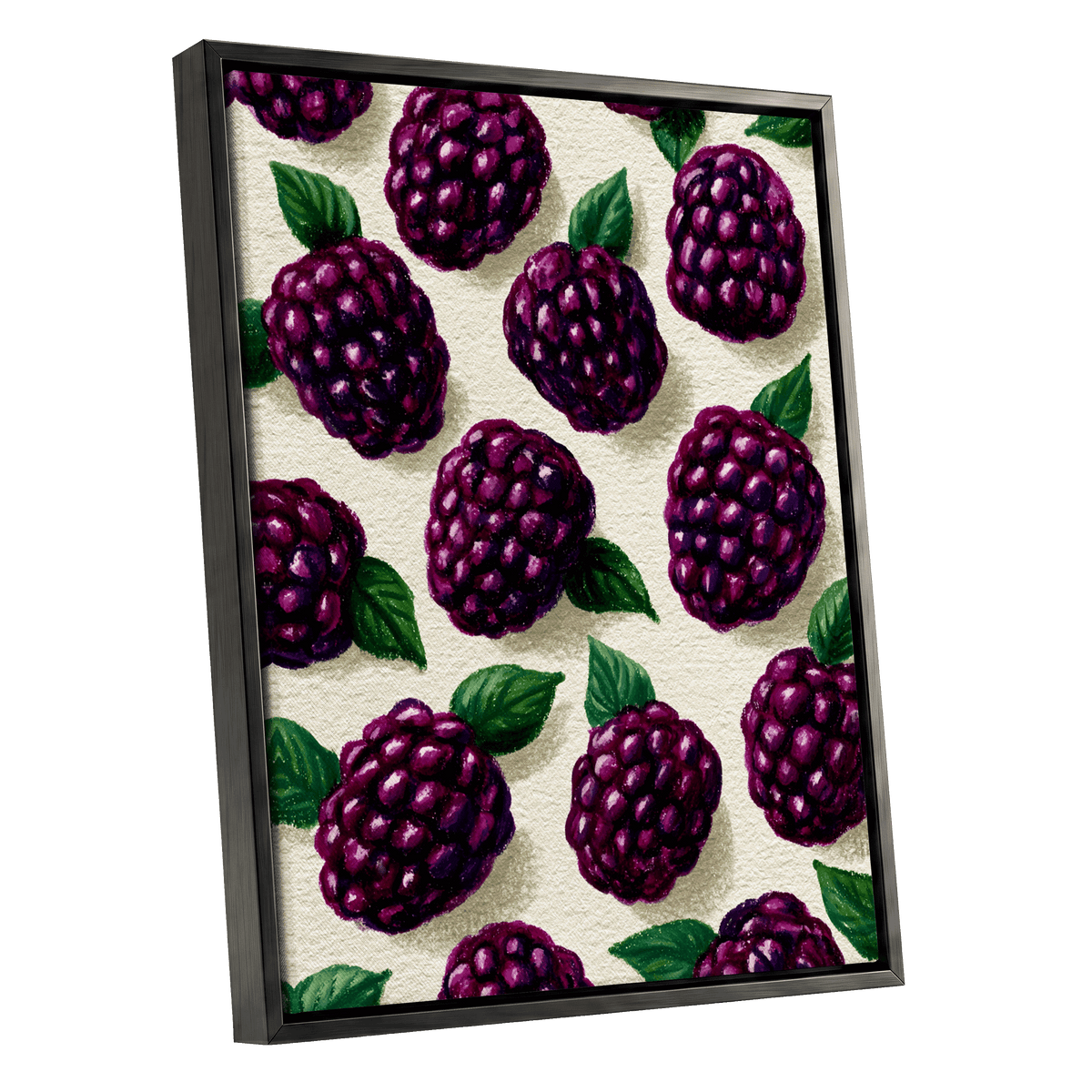 Blackberry Reverie, purple, black, green nature wall art shown as a black framed canvas wall art