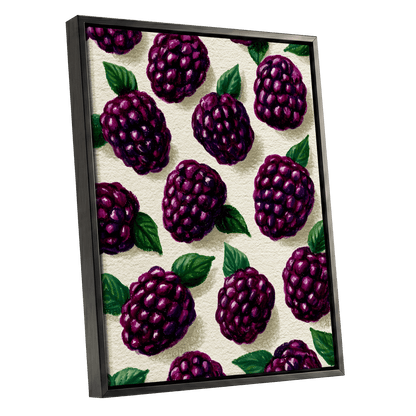 Blackberry Reverie, purple, black, green nature wall art shown as a black framed canvas wall art