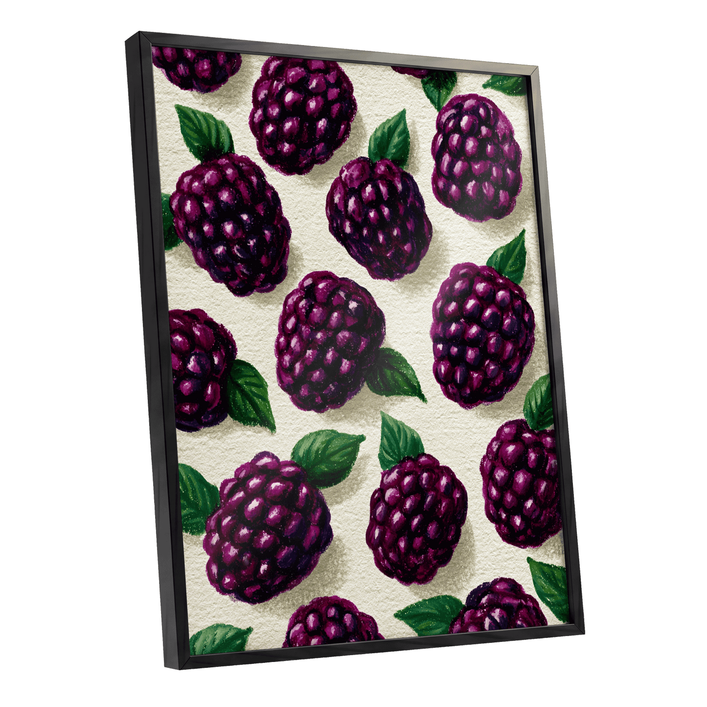 Blackberry Reverie, purple, black, green nature wall art shown as a black framed poster wall art print