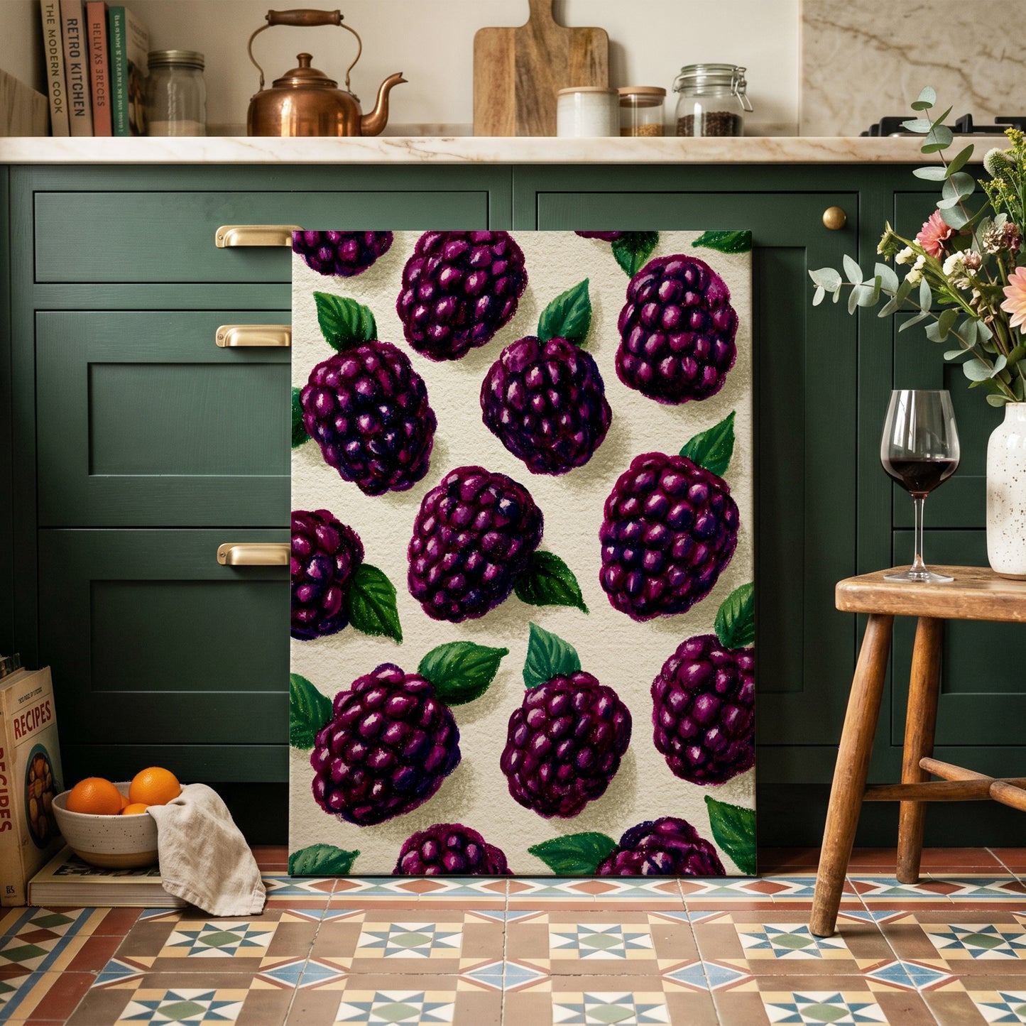 Blackberry Reverie, purple, black, green nature wall art on canvas displayed in a styled interior, gallery view 1