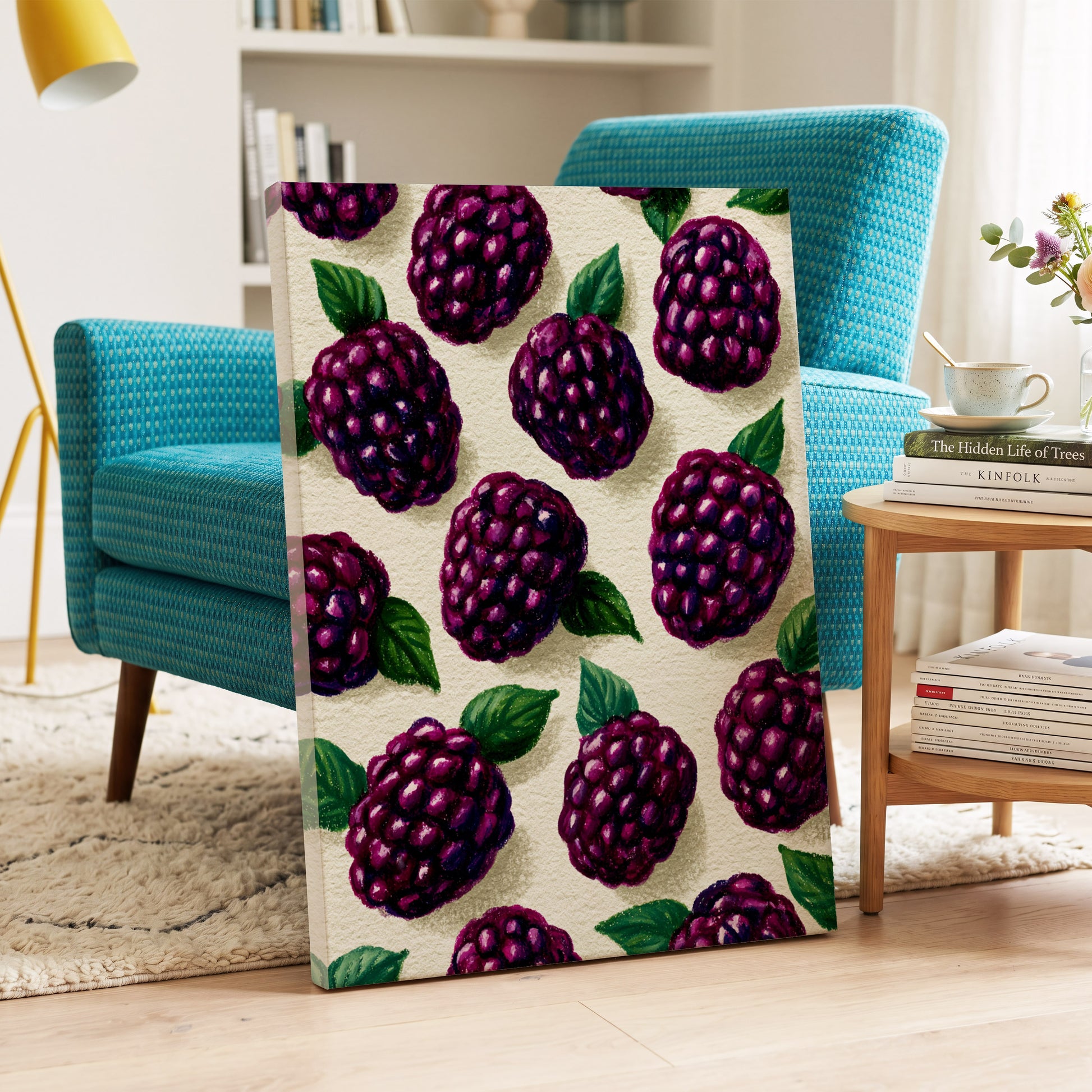 Blackberry Reverie, purple, black, green nature wall art on canvas displayed in a styled interior, gallery view 2