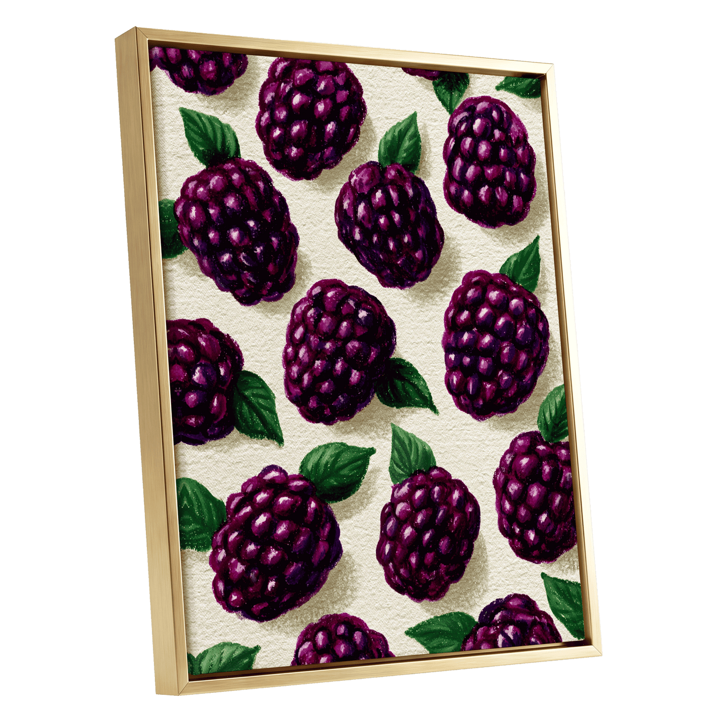 Blackberry Reverie, purple, black, green nature wall art shown as a gold framed canvas wall art