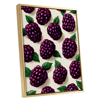 Blackberry Reverie, purple, black, green nature wall art shown as a gold framed canvas wall art