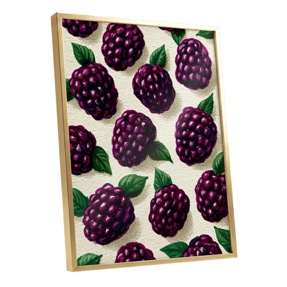 Blackberry Reverie, purple, black, green nature wall art shown as a gold framed poster wall art print