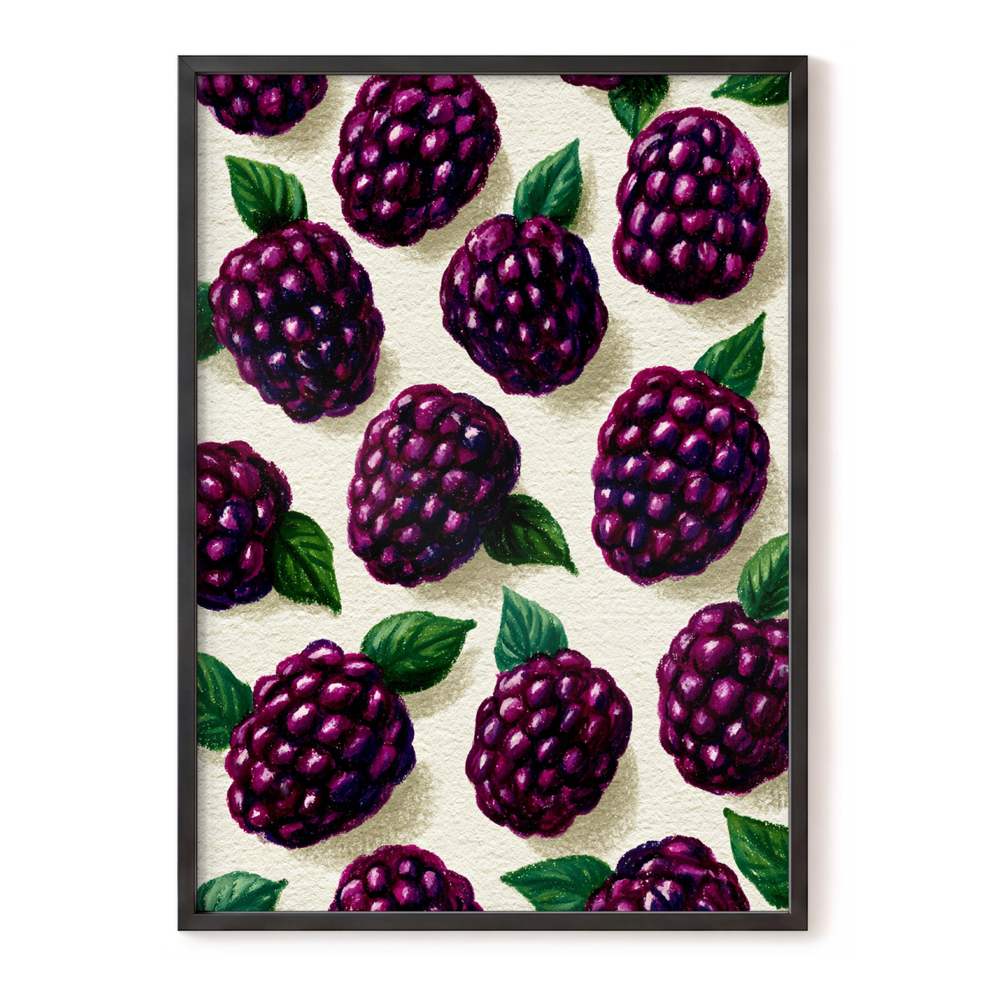 Blackberry Reverie, purple, black, green nature wall art, front artwork view