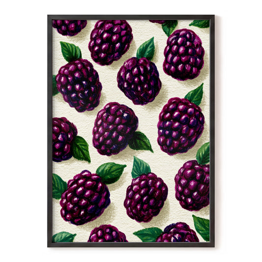Blackberry Reverie, purple, black, green nature wall art, front artwork view
