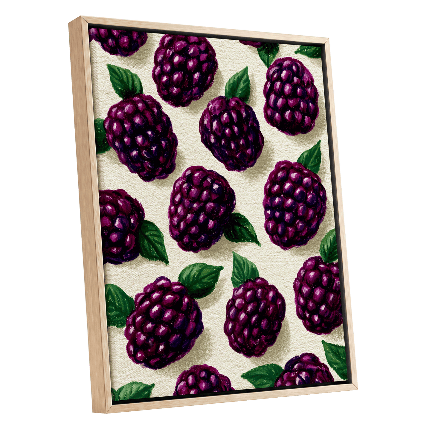 Blackberry Reverie, purple, black, green nature wall art shown as a oak framed canvas wall art