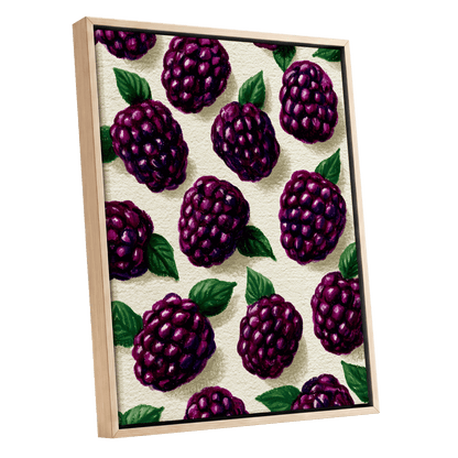 Blackberry Reverie, purple, black, green nature wall art shown as a oak framed canvas wall art