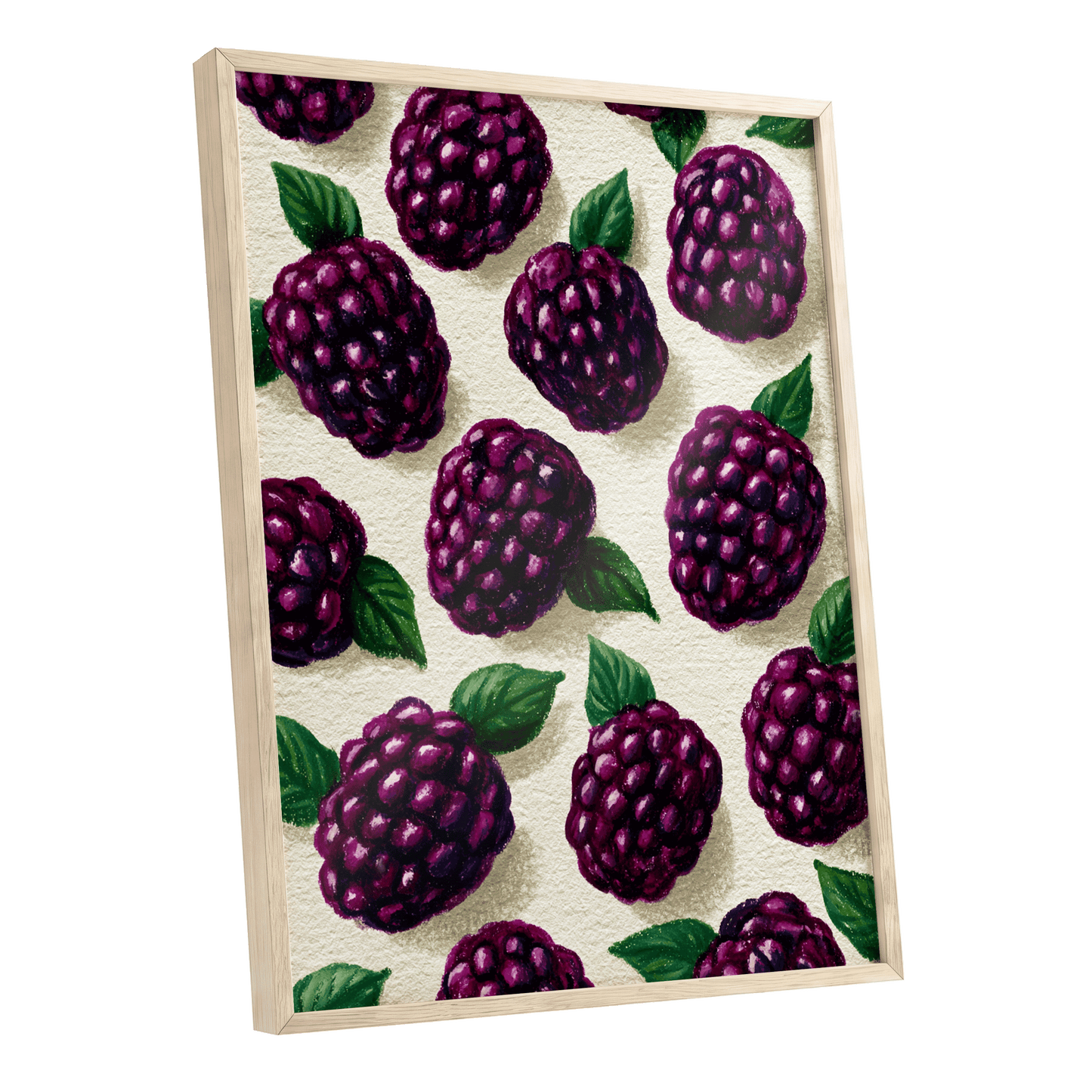 Blackberry Reverie, purple, black, green nature wall art shown as a oak framed poster wall art print