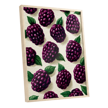 Blackberry Reverie, purple, black, green nature wall art shown as a oak framed poster wall art print