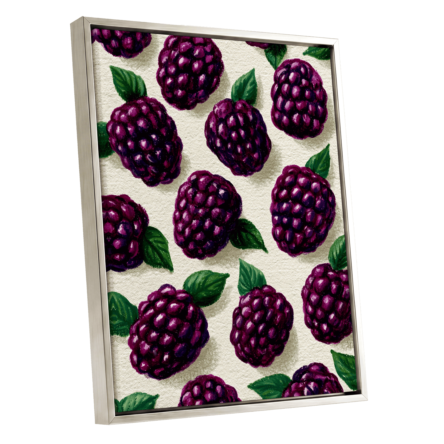 Blackberry Reverie, purple, black, green nature wall art shown as a silver framed canvas wall art