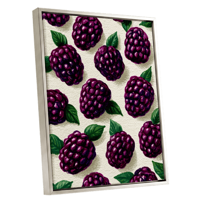 Blackberry Reverie, purple, black, green nature wall art shown as a silver framed canvas wall art