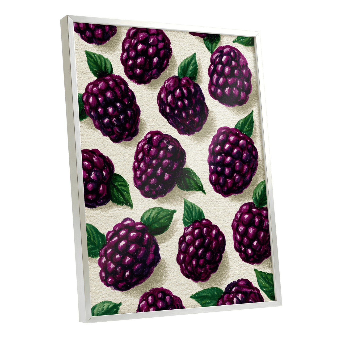 Blackberry Reverie, purple, black, green nature wall art shown as a silver framed poster wall art print