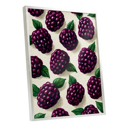 Blackberry Reverie, purple, black, green nature wall art shown as a silver framed poster wall art print