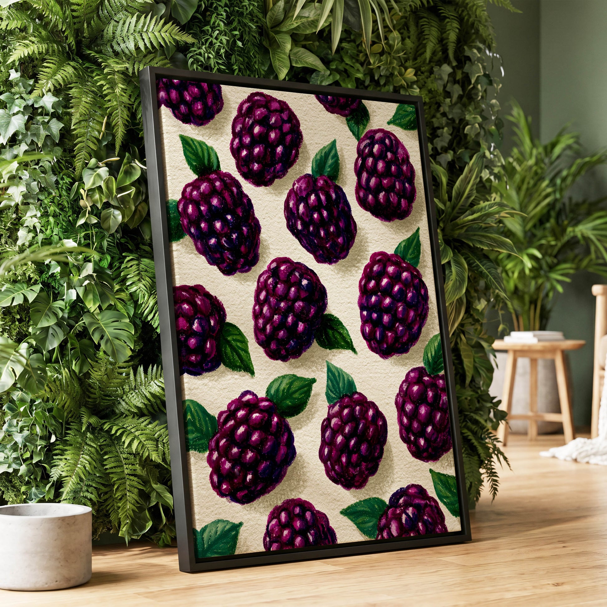 Blackberry Reverie, purple, black, green nature wall art displayed in a styled interior, gallery view 1