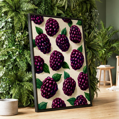 Blackberry Reverie, purple, black, green nature wall art displayed in a styled interior, gallery view 1