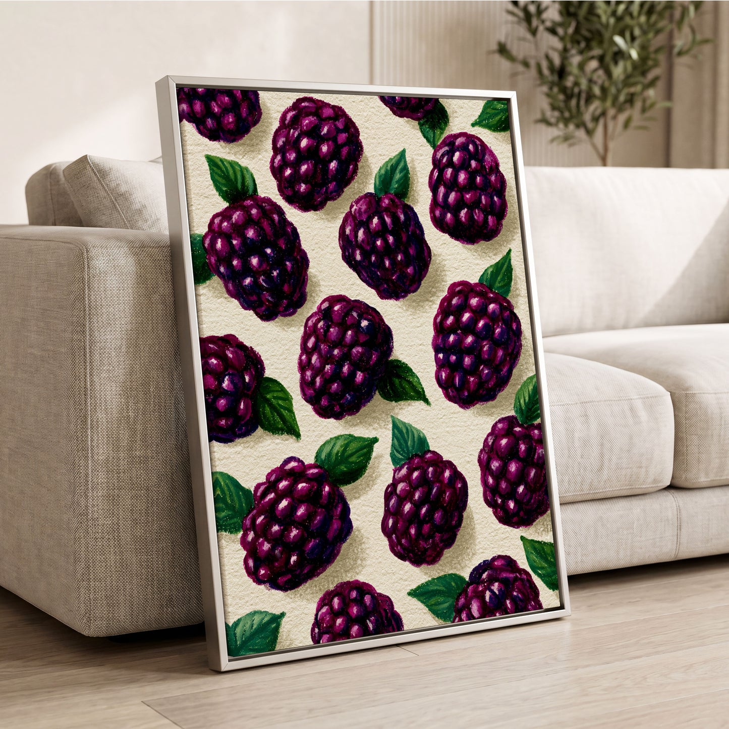 Blackberry Reverie, purple, black, green nature wall art displayed in a styled interior, gallery view 2
