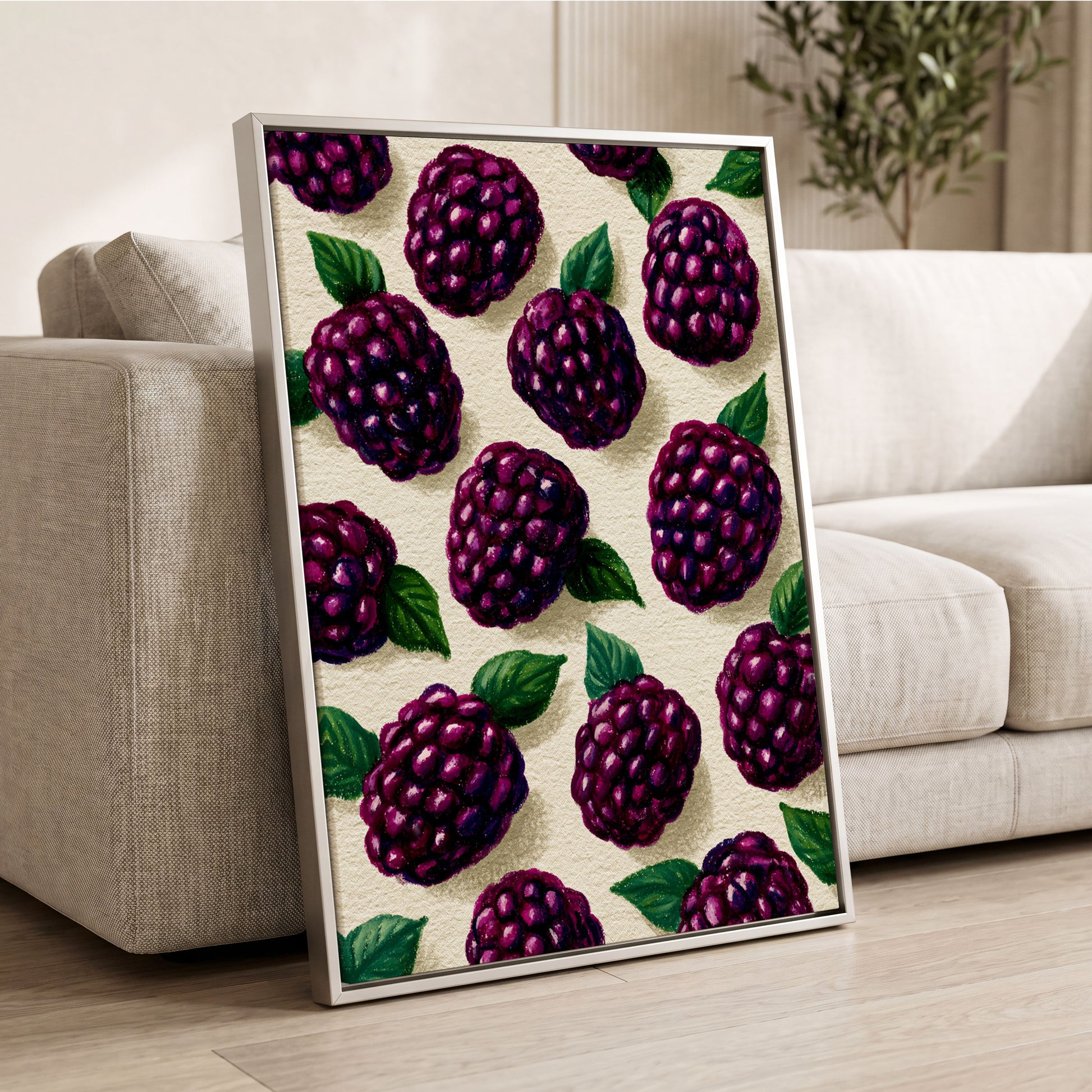 Blackberry Reverie, purple, black, green nature wall art displayed in a styled interior, gallery view 2