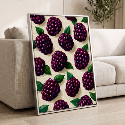 Blackberry Reverie, purple, black, green nature wall art displayed in a styled interior, gallery view 2