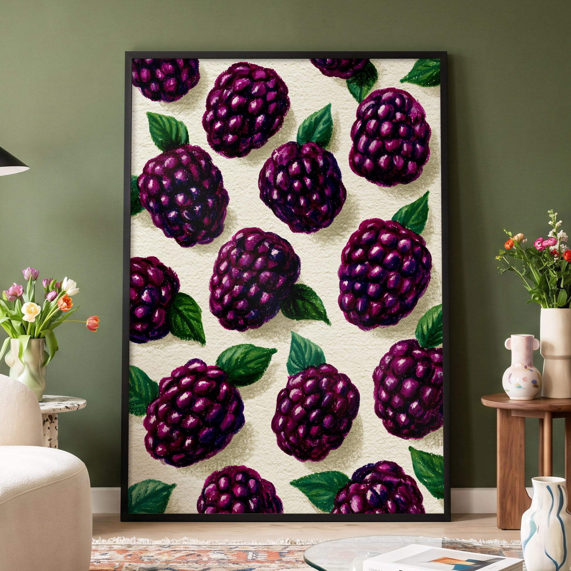 Blackberry Reverie, purple, black, green nature wall art displayed in a styled interior, gallery view 4