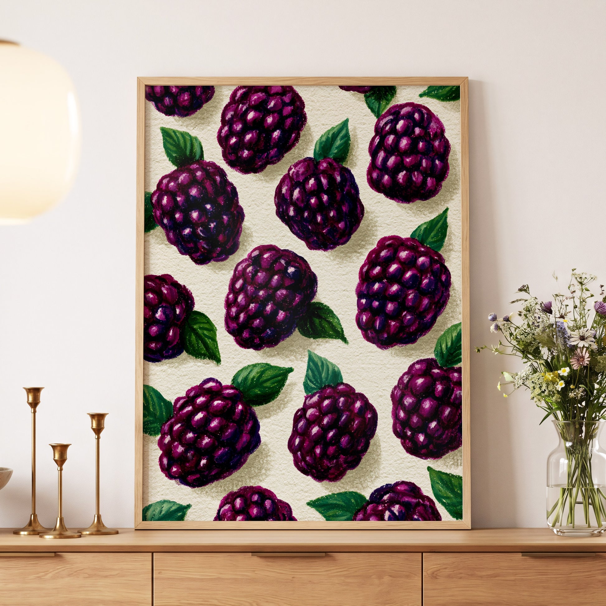 Blackberry Reverie, purple, black, green nature wall art displayed in a styled interior, gallery view 5