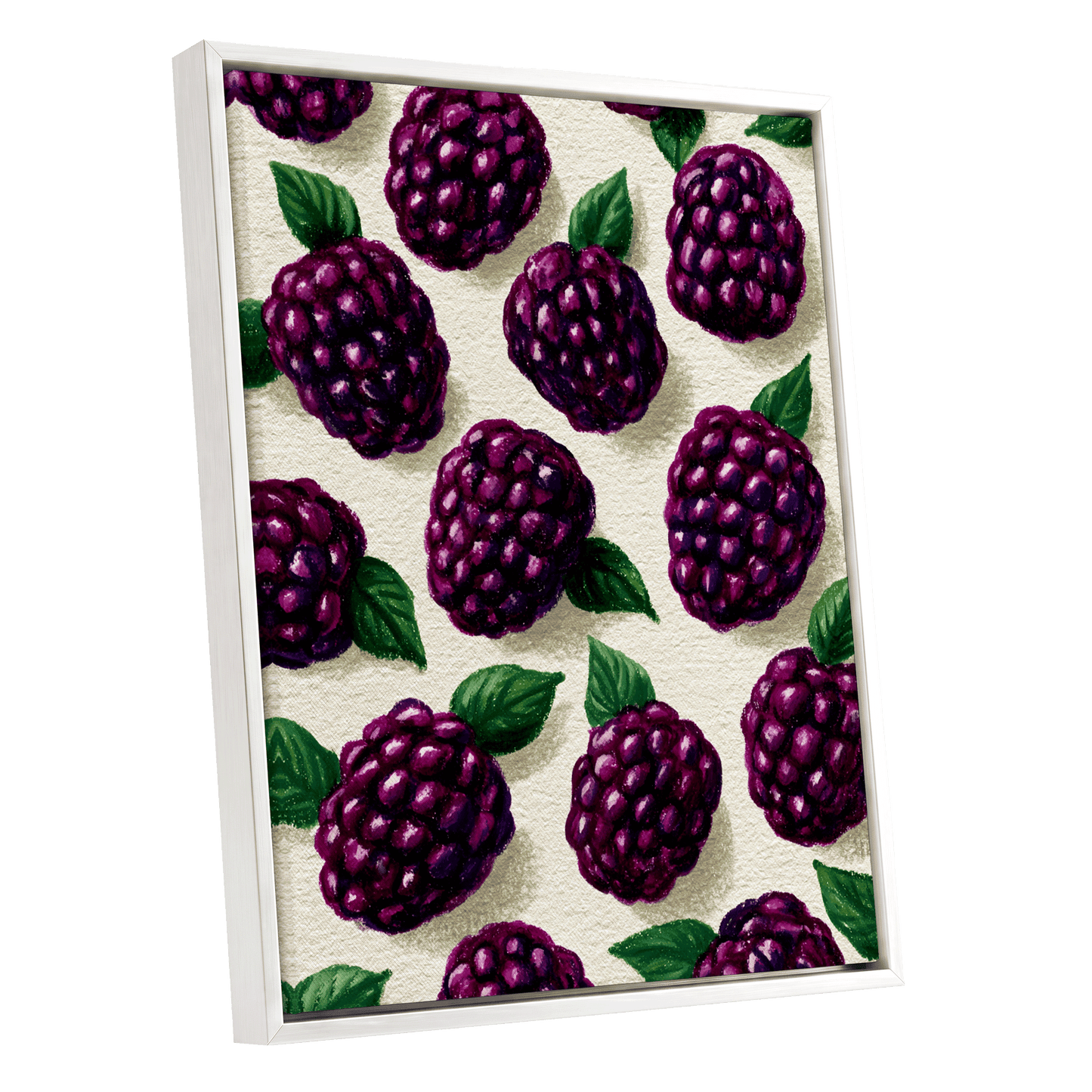 Blackberry Reverie, purple, black, green nature wall art shown as a white framed canvas wall art