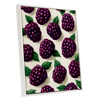 Blackberry Reverie, purple, black, green nature wall art shown as a white framed canvas wall art