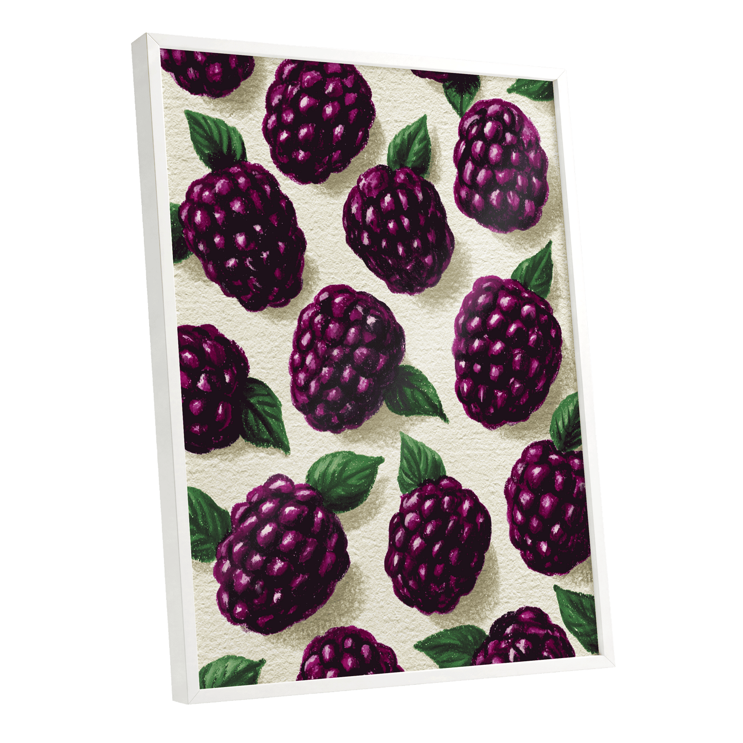 Blackberry Reverie, purple, black, green nature wall art shown as a white framed poster wall art print