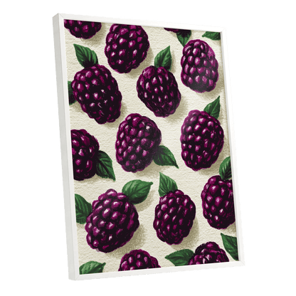 Blackberry Reverie, purple, black, green nature wall art shown as a white framed poster wall art print