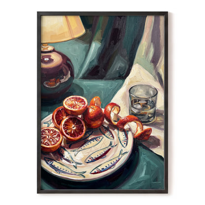 Blood Orange Lamplight, green, beige, orange abstract wall art, front artwork view