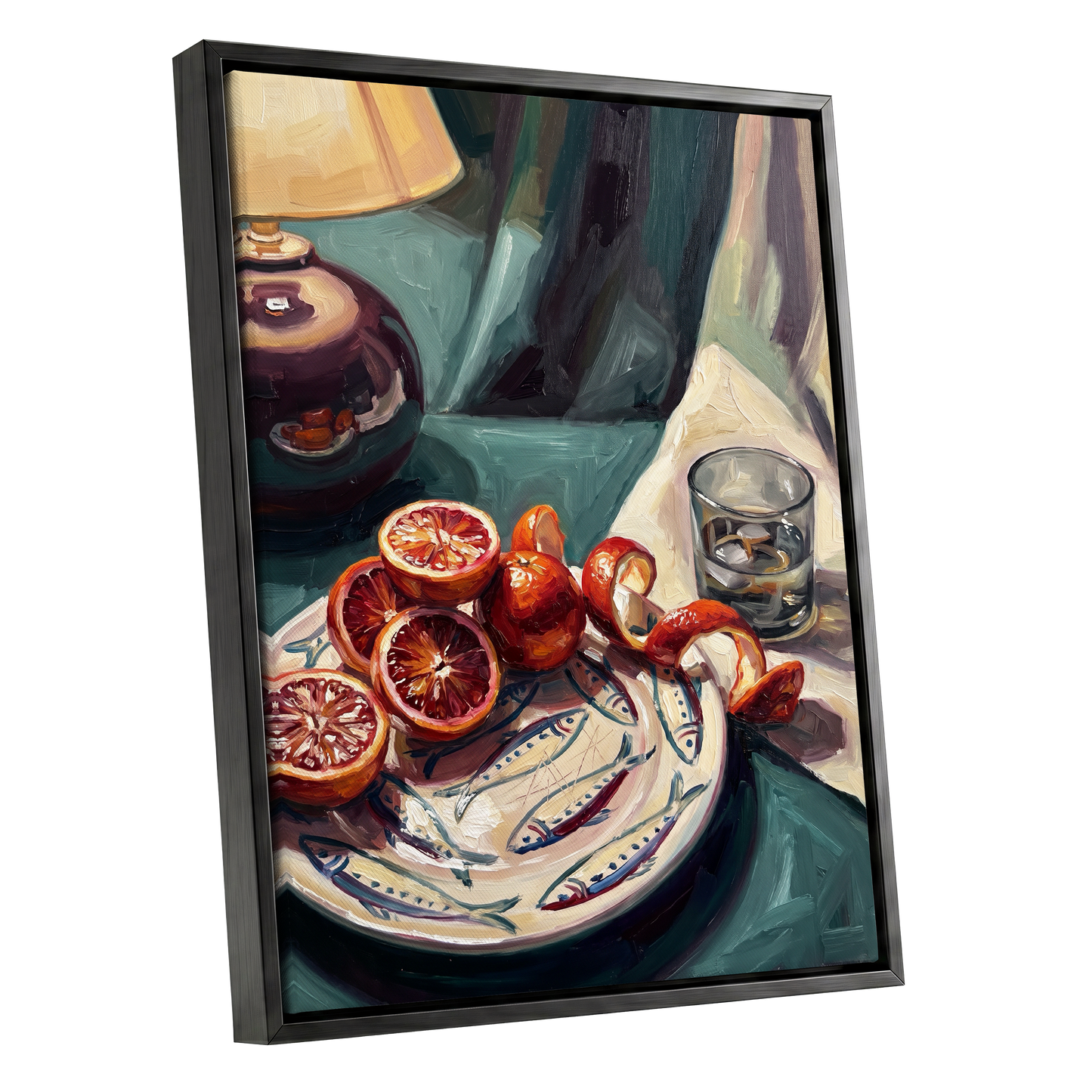 Blood Orange Lamplight, green, beige, orange abstract wall art shown as a black framed canvas wall art