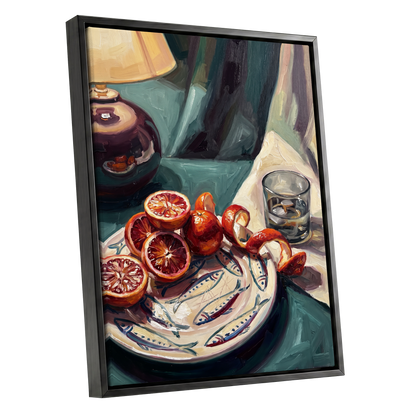 Blood Orange Lamplight, green, beige, orange abstract wall art shown as a black framed canvas wall art
