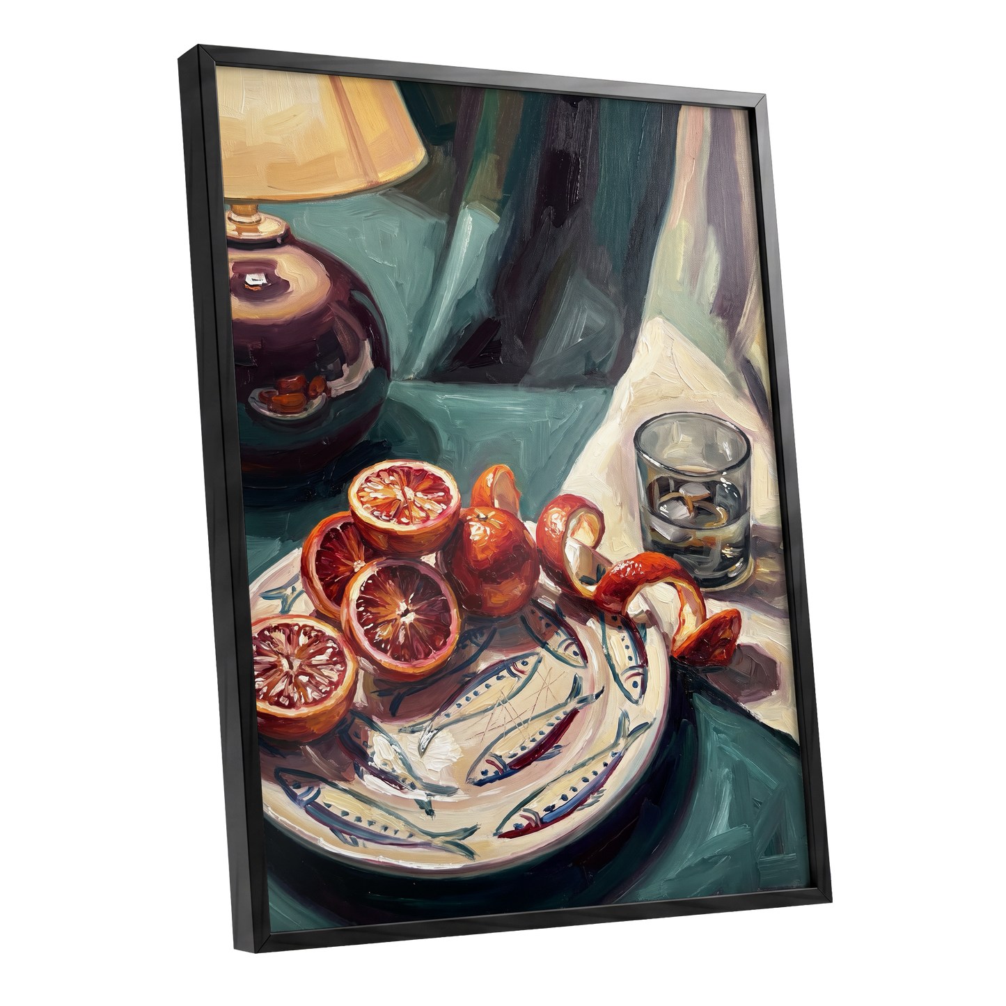 Blood Orange Lamplight, green, beige, orange abstract wall art shown as a black framed poster wall art print