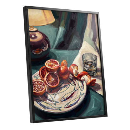 Blood Orange Lamplight, green, beige, orange abstract wall art shown as a black framed poster wall art print