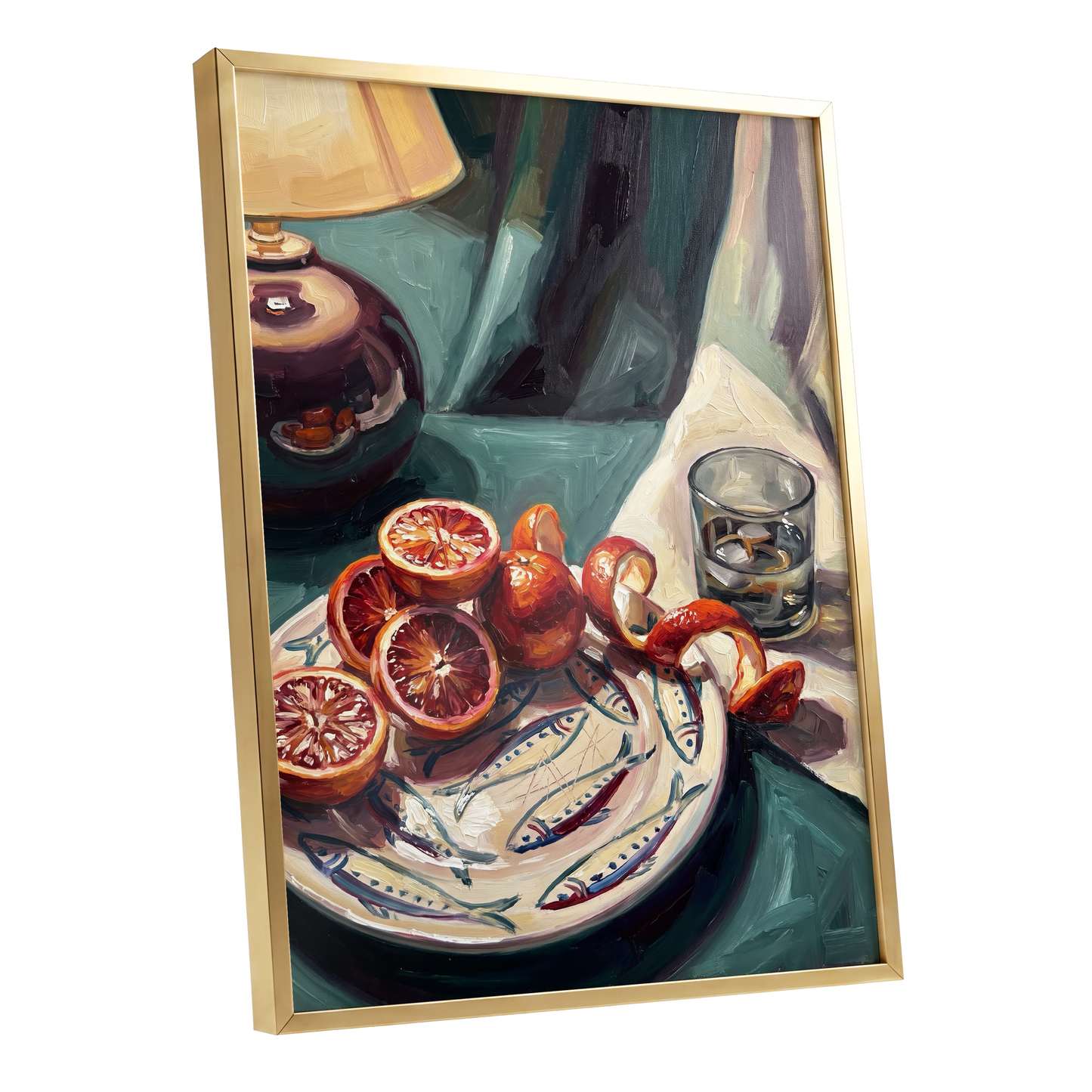 Blood Orange Lamplight, green, beige, orange abstract wall art shown as a gold framed poster wall art print