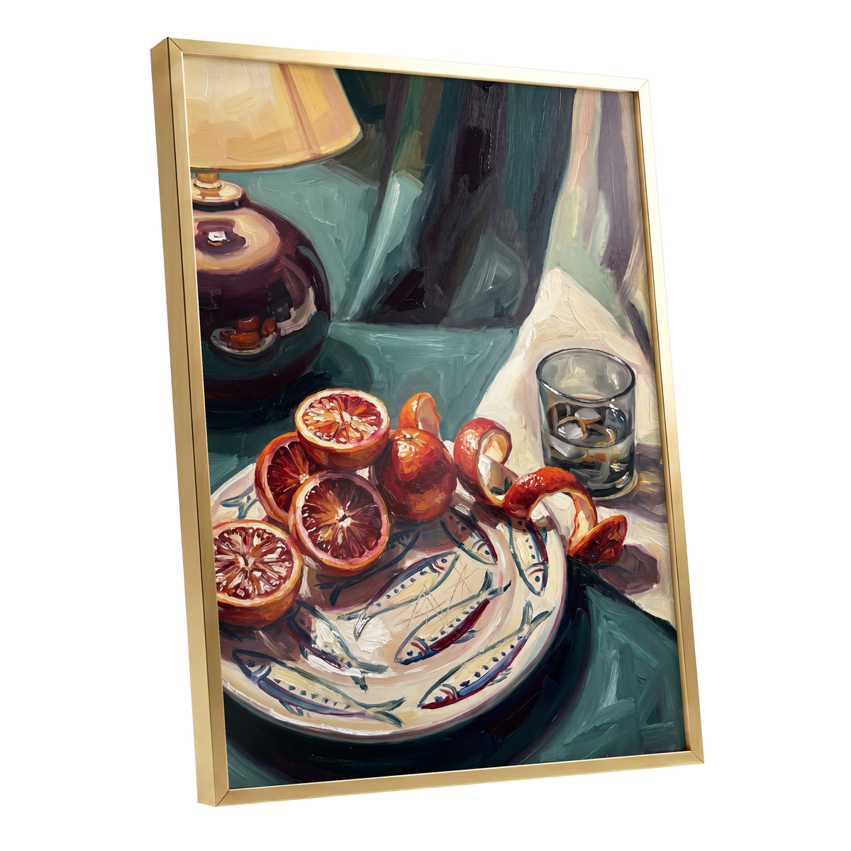 Blood Orange Lamplight, green, beige, orange abstract wall art shown as a gold framed poster wall art print