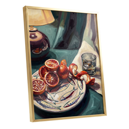 Blood Orange Lamplight, green, beige, orange abstract wall art shown as a gold framed poster wall art print