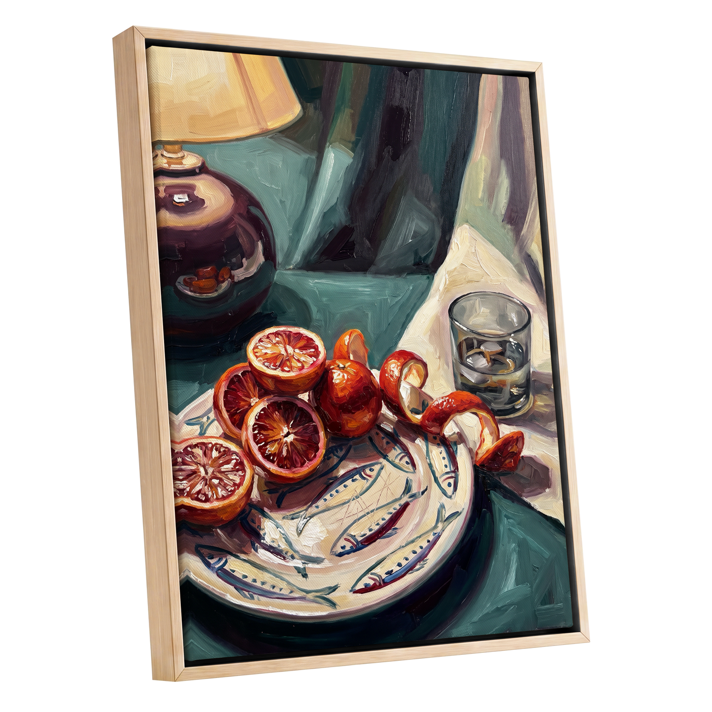 Blood Orange Lamplight, green, beige, orange abstract wall art shown as a oak framed canvas wall art
