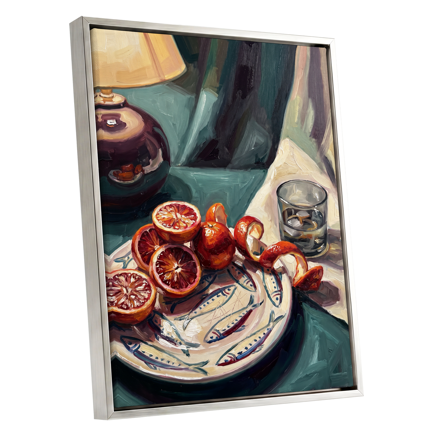 Blood Orange Lamplight, green, beige, orange abstract wall art shown as a silver framed canvas wall art