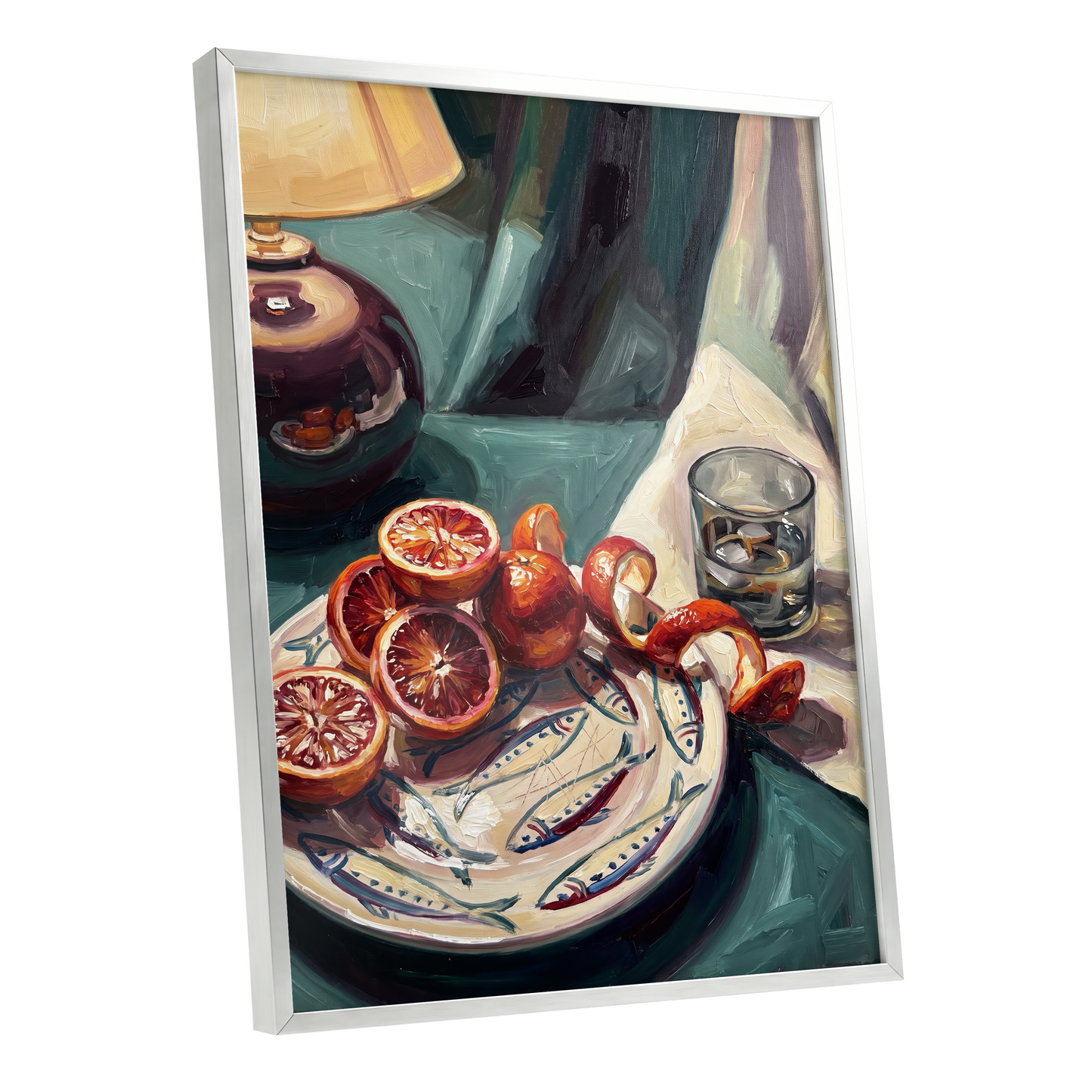 Blood Orange Lamplight, green, beige, orange abstract wall art shown as a silver framed poster wall art print