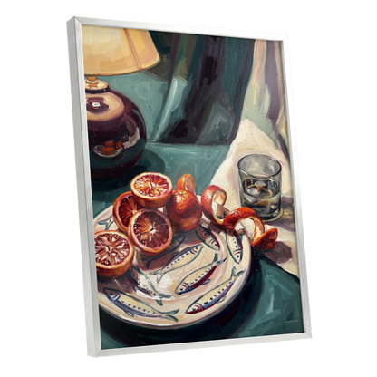 Blood Orange Lamplight, green, beige, orange abstract wall art shown as a silver framed poster wall art print