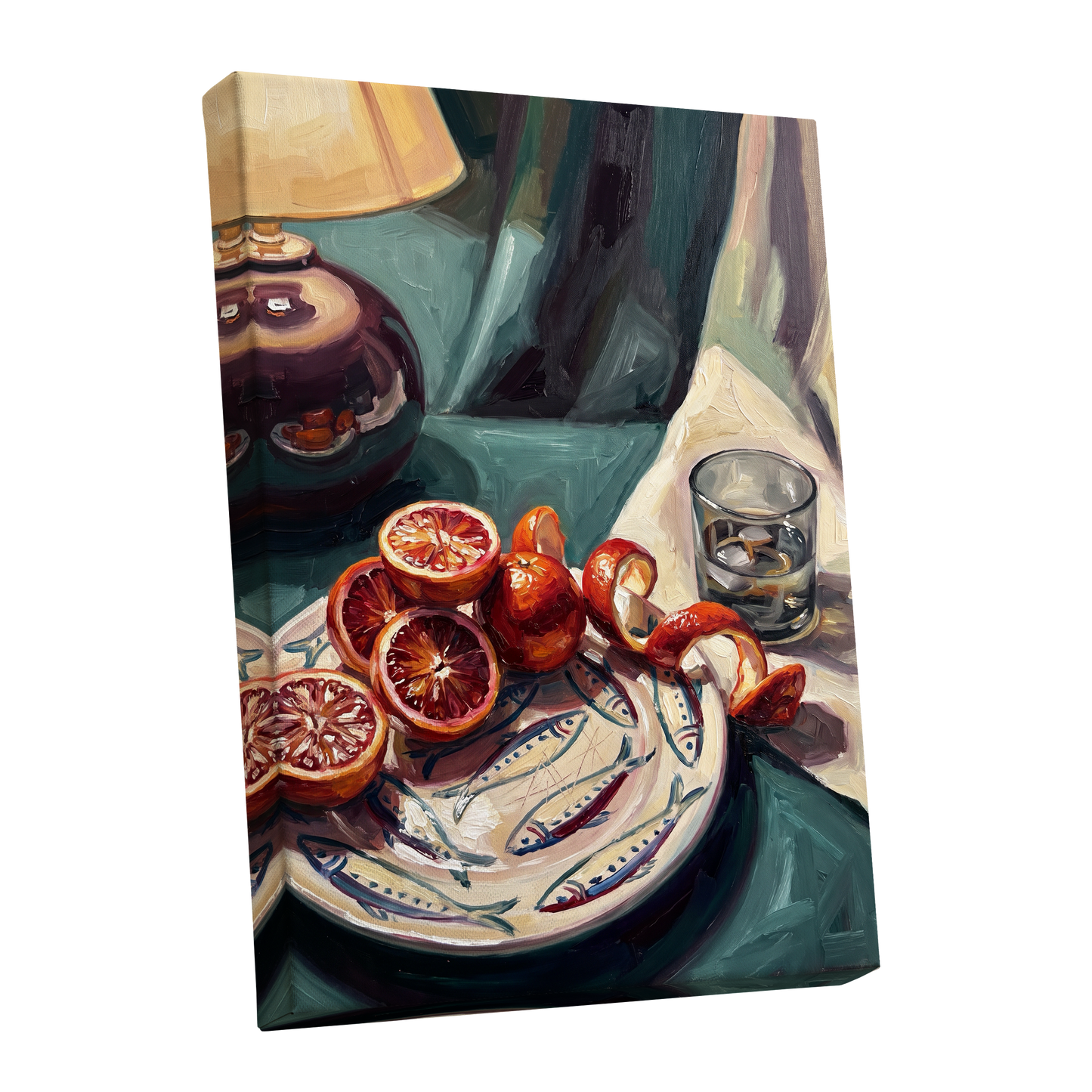 Blood Orange Lamplight, green, beige, orange abstract wall art shown as a stretched canvas wall art